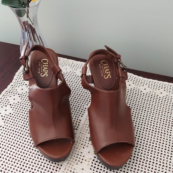 CHAPS SARISTA BROWN VEGAN LEATHER PEEP TOE HEELS (6B) - Picture 8 of 13